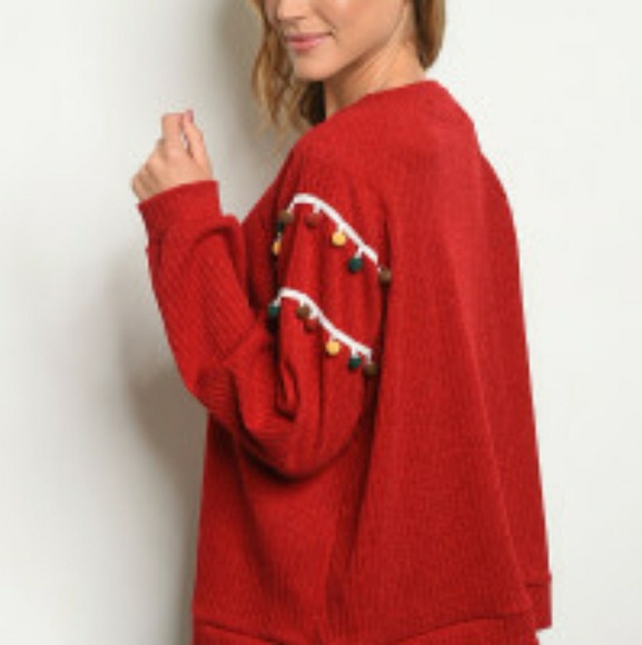 Red Knit Ribbed Pom Pom Sweater - Picture 2 of 2